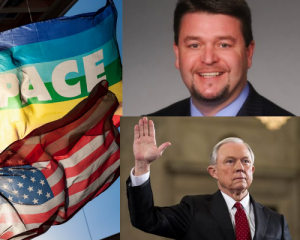 three images. 1. american flag and rainbow flag waving in breeze, 2. man smiling, wearing suit, 3. main with gray hair raising right hand