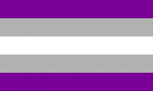 flag with five horizontal stripes: purple, gray, white, gray, purple